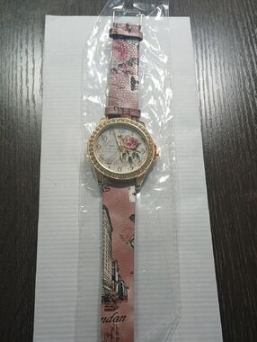 Women's Pink Floral Strap Watch - Gold Trim